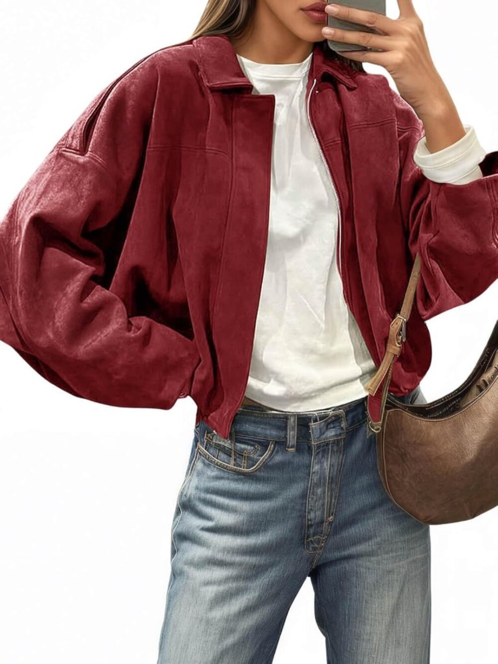 Women Wine Faux Suede Oversized Lapel Collar Zip Up Cropped Moto Bomber Jacket